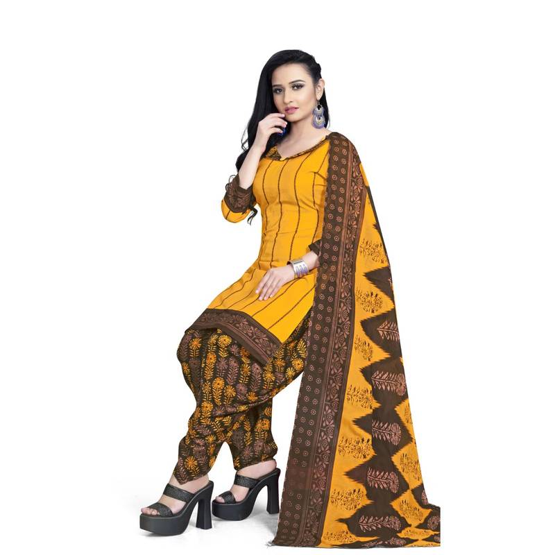 yellow unstitched cotton printed dress material