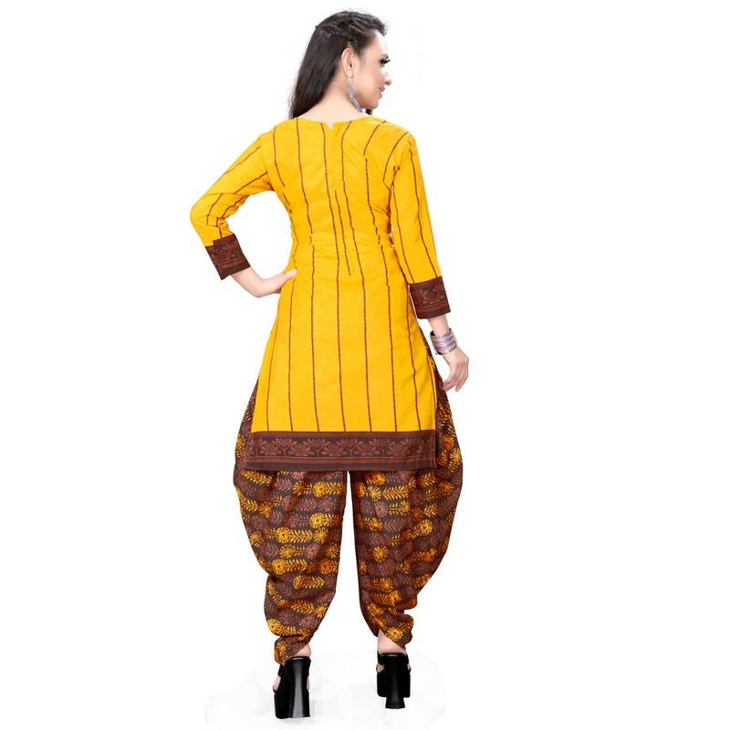 yellow unstitched cotton printed dress material