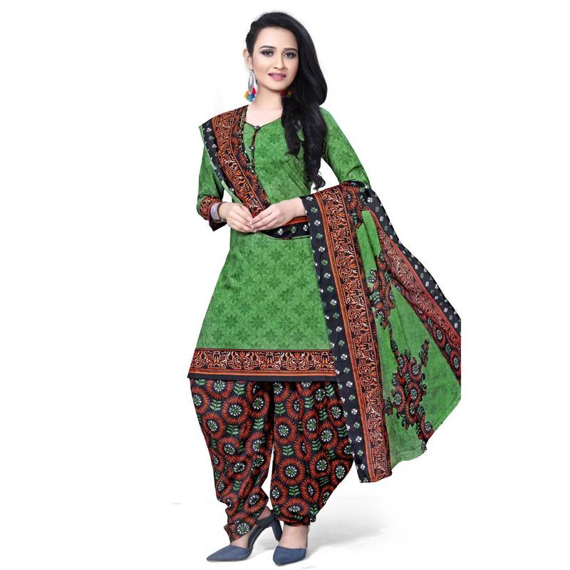 green unstitched cotton printed dress material