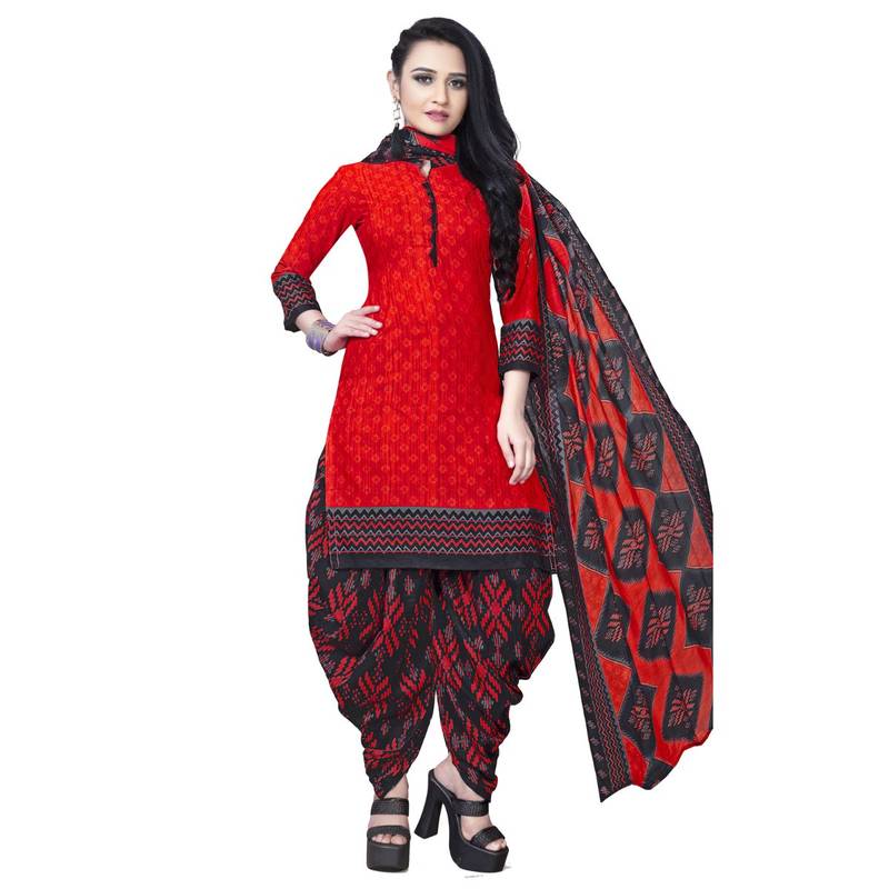 red unstitched cotton printed dress material