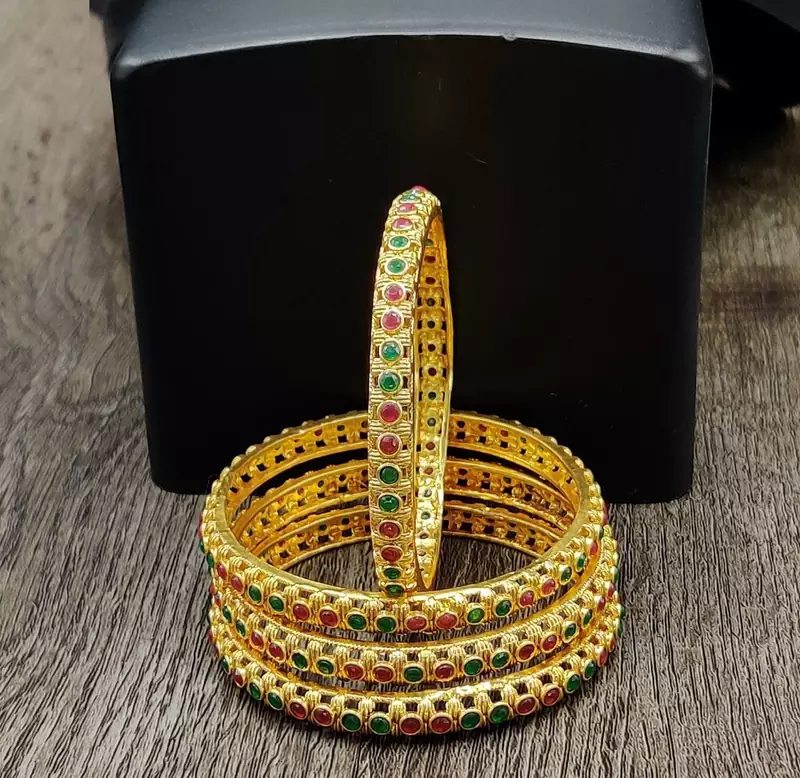 Gold Plated Multicolour Stone Studded Set of 4 Bangles