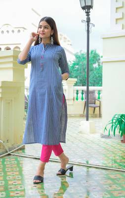 Blue Lining Cotton Blend Kurti and Pant Set 1