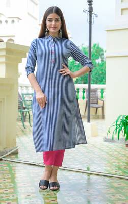 Blue Lining Cotton Blend Kurti and Pant Set 2