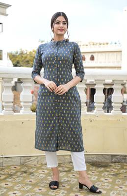 Grey Gold Printed Cotton Blend Kurti and Pant Set 1