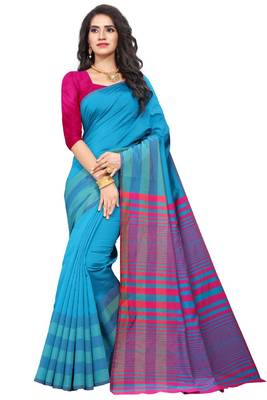 Blue Cotton Silk Stripes Print Saree With Blouse For Women 2