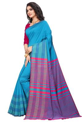 Blue Cotton Silk Stripes Print Saree With Blouse For Women 3