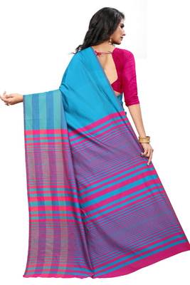Blue Cotton Silk Stripes Print Saree With Blouse For Women 4