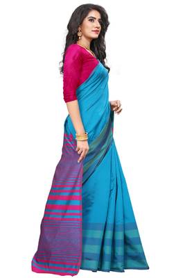 Blue Cotton Silk Stripes Print Saree With Blouse For Women 5