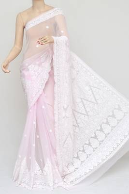 Pink embroidered georgette saree with blouse 1
