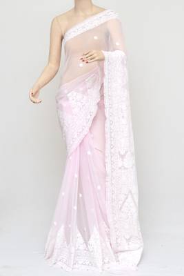 Pink embroidered georgette saree with blouse 3