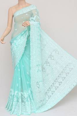 Dark aqua blue embroidered georgette saree with blouse 1