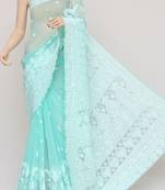 Dark aqua blue embroidered georgette saree with blouse