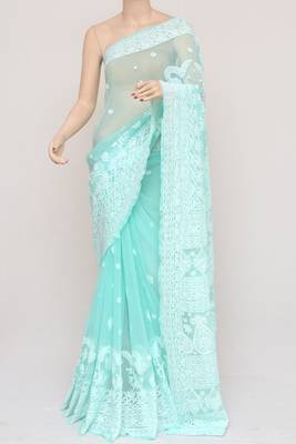Dark aqua blue embroidered georgette saree with blouse 3