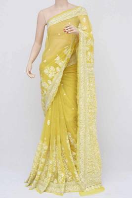 Green embroidered georgette saree with blouse 3