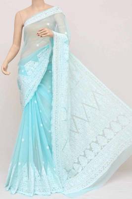 Blue embroidered georgette saree with blouse 1