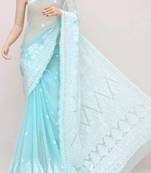 Blue embroidered georgette saree with blouse