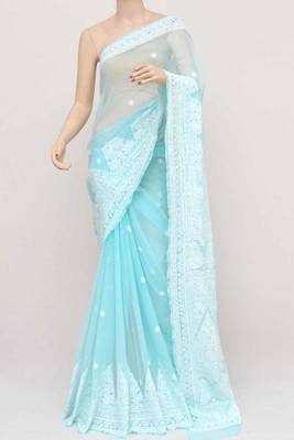 Blue embroidered georgette saree with blouse 3