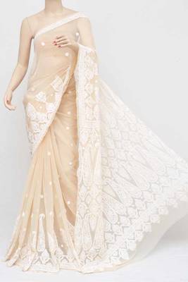 Beige embroidered georgette saree with blouse 1