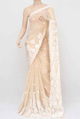 Beige embroidered georgette saree with blouse 3