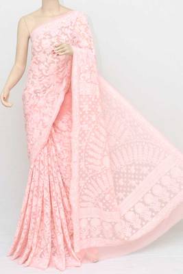 Peach embroidered georgette saree with blouse 1