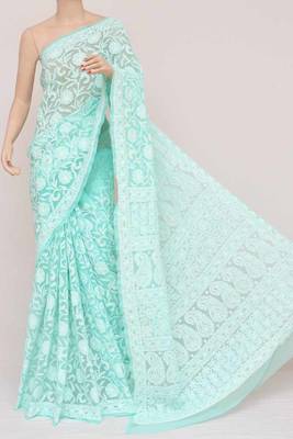Dark aqua blue embroidered georgette saree with blouse 1