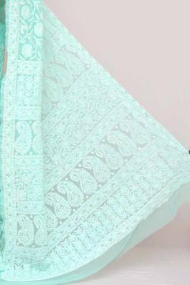 Dark aqua blue embroidered georgette saree with blouse 2