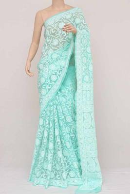 Dark aqua blue embroidered georgette saree with blouse 3