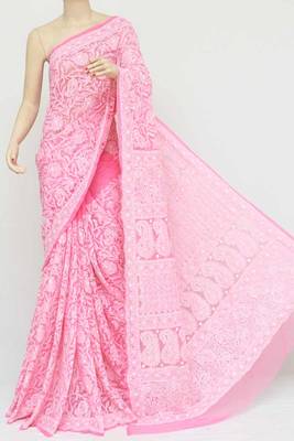 Pink embroidered georgette saree with blouse 1
