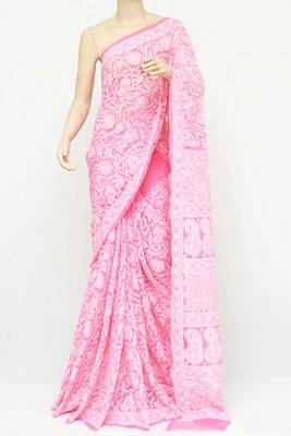 Pink embroidered georgette saree with blouse 3
