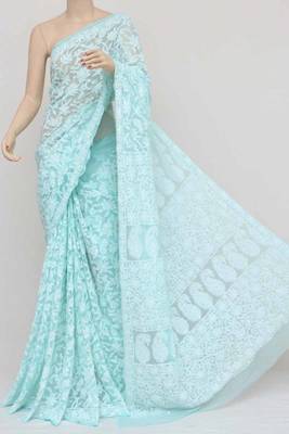 Blue embroidered georgette saree with blouse 1