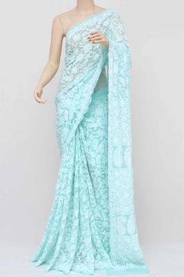 Blue embroidered georgette saree with blouse 3