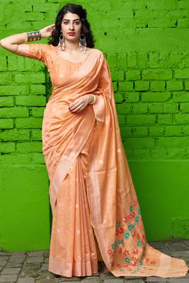 Peach embroidered banarasi silk saree with blouse 1