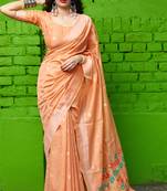 Peach embroidered banarasi silk saree with blouse