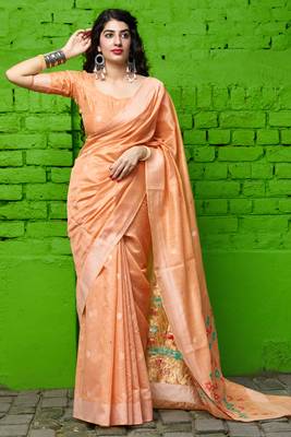 Peach embroidered banarasi silk saree with blouse 2