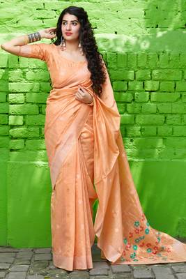 Peach embroidered banarasi silk saree with blouse 3