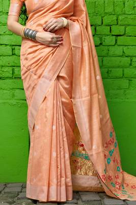 Peach embroidered banarasi silk saree with blouse 5