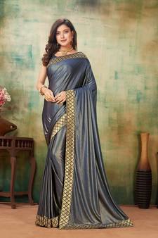 Blue printed lycra saree with blouse
