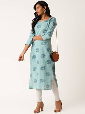 Turquoise printed cotton cotton-kurtis 1