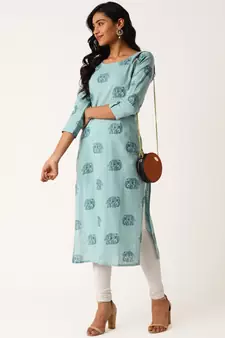 Turquoise printed cotton cotton-kurtis
