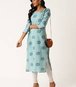 Turquoise printed cotton cotton-kurtis
