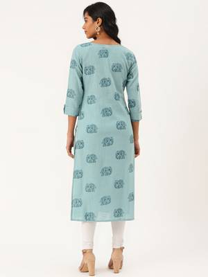 Turquoise printed cotton cotton-kurtis 2