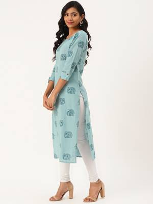Turquoise printed cotton cotton-kurtis 3