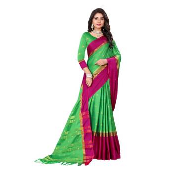 Green Woven  Cotton Silk Saree With Blouse 7