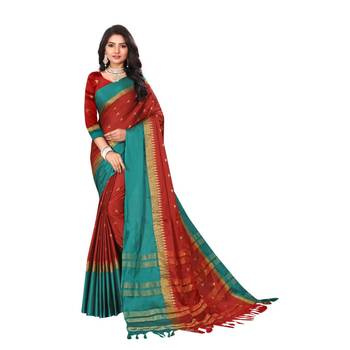 Red Woven  Cotton Silk Saree With Blouse 1