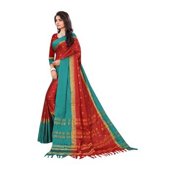 Red Woven  Cotton Silk Saree With Blouse 5