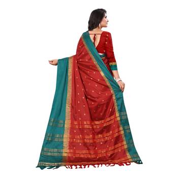 Red Woven  Cotton Silk Saree With Blouse 6