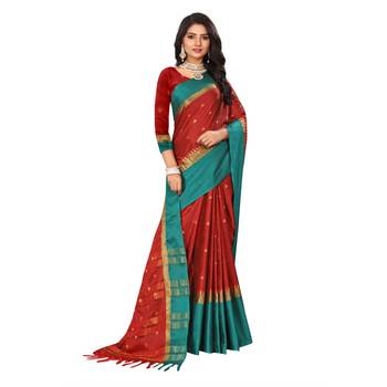 Red Woven  Cotton Silk Saree With Blouse 7