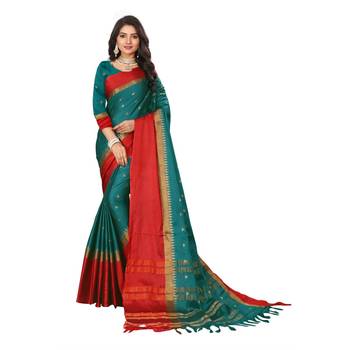 Teal Woven  Cotton Silk Saree With Blouse 1