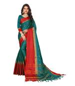 Teal Woven  Cotton Silk Saree With Blouse