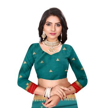 Teal Woven  Cotton Silk Saree With Blouse 3